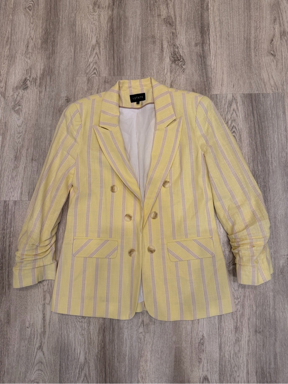 1.State Yellow Striped Double Breasted Blazer Size Small Ruched Sleeve